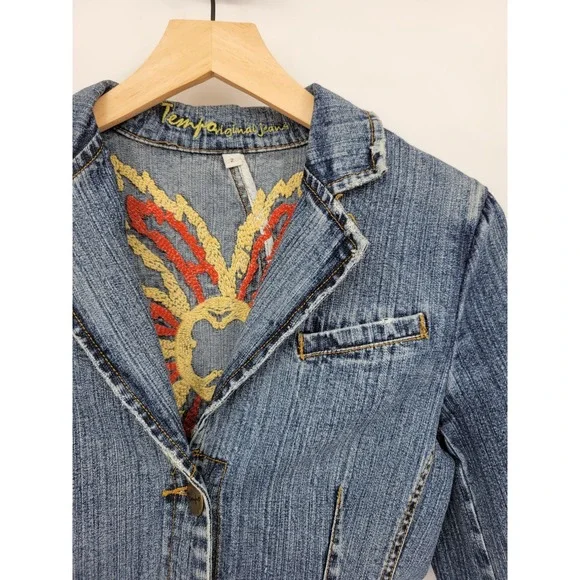 Tempo 2 Denim Jean Jacket Embroidered Collared Yellow Red Y2K 90s Cotton Flower - Picture 3 of 10